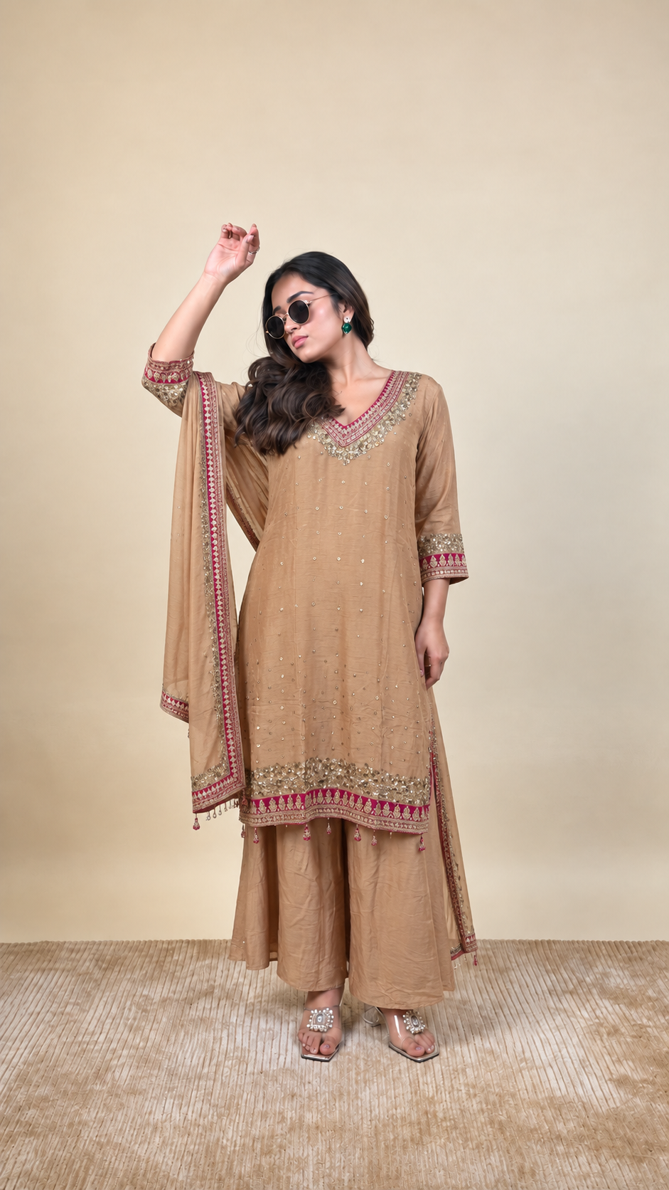 Mocha Royale – Embroidered Palazzo Suit Set
