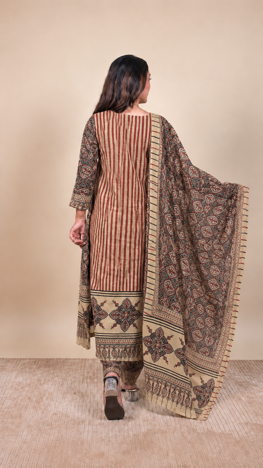 Mrinalika Maroon Stripe Printed Suit Set