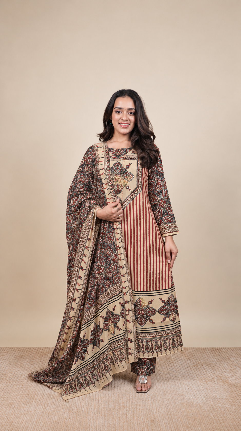 Mrinalika Maroon Stripe Printed Suit Set
