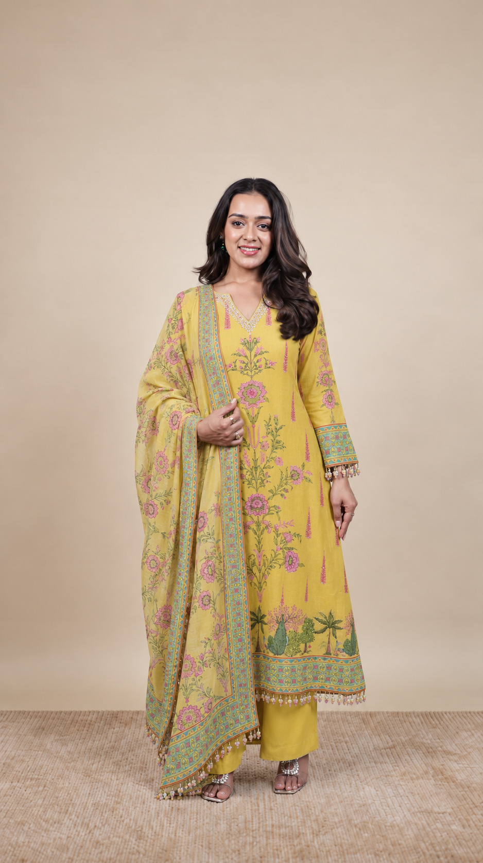 Mustard Bloom Floral Printed Kurta Set with Dupatta