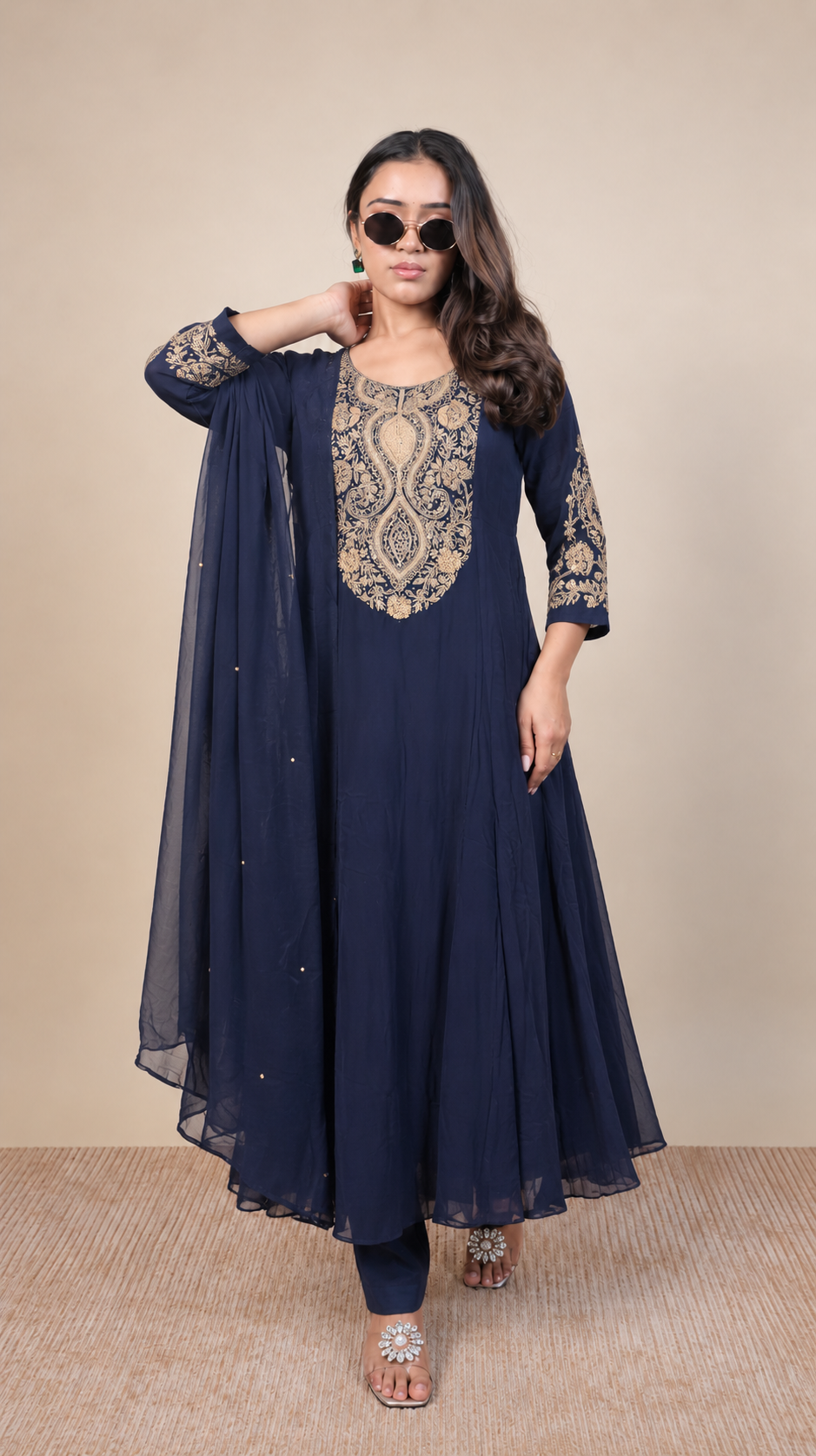 Neelambari – Midnight Navy Gold Embroidered Anarkali Suit Set