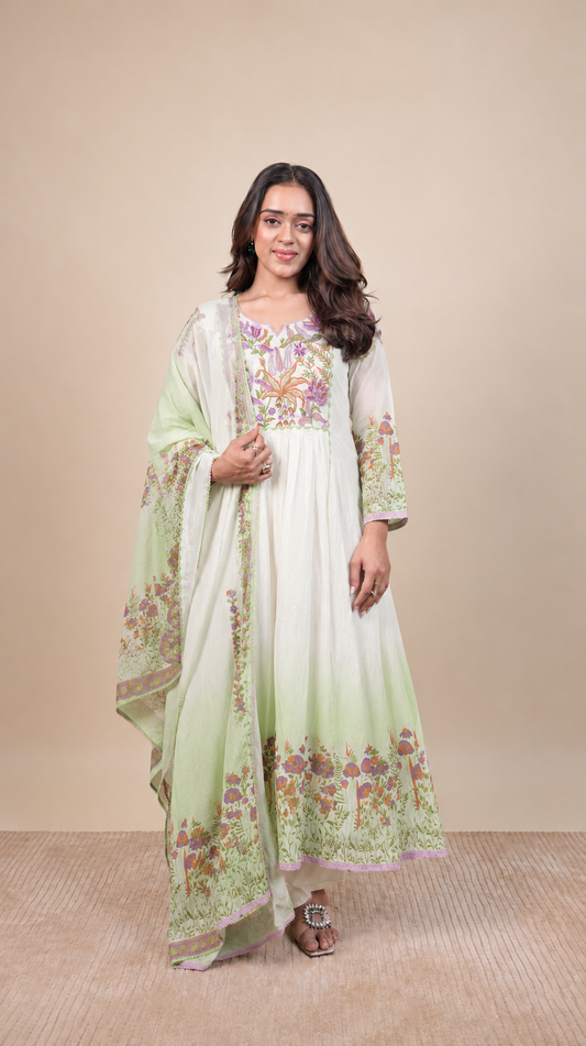 Ivory Bloom – Pastel Floral Embroidered Anarkali Suit Set with Dupatta