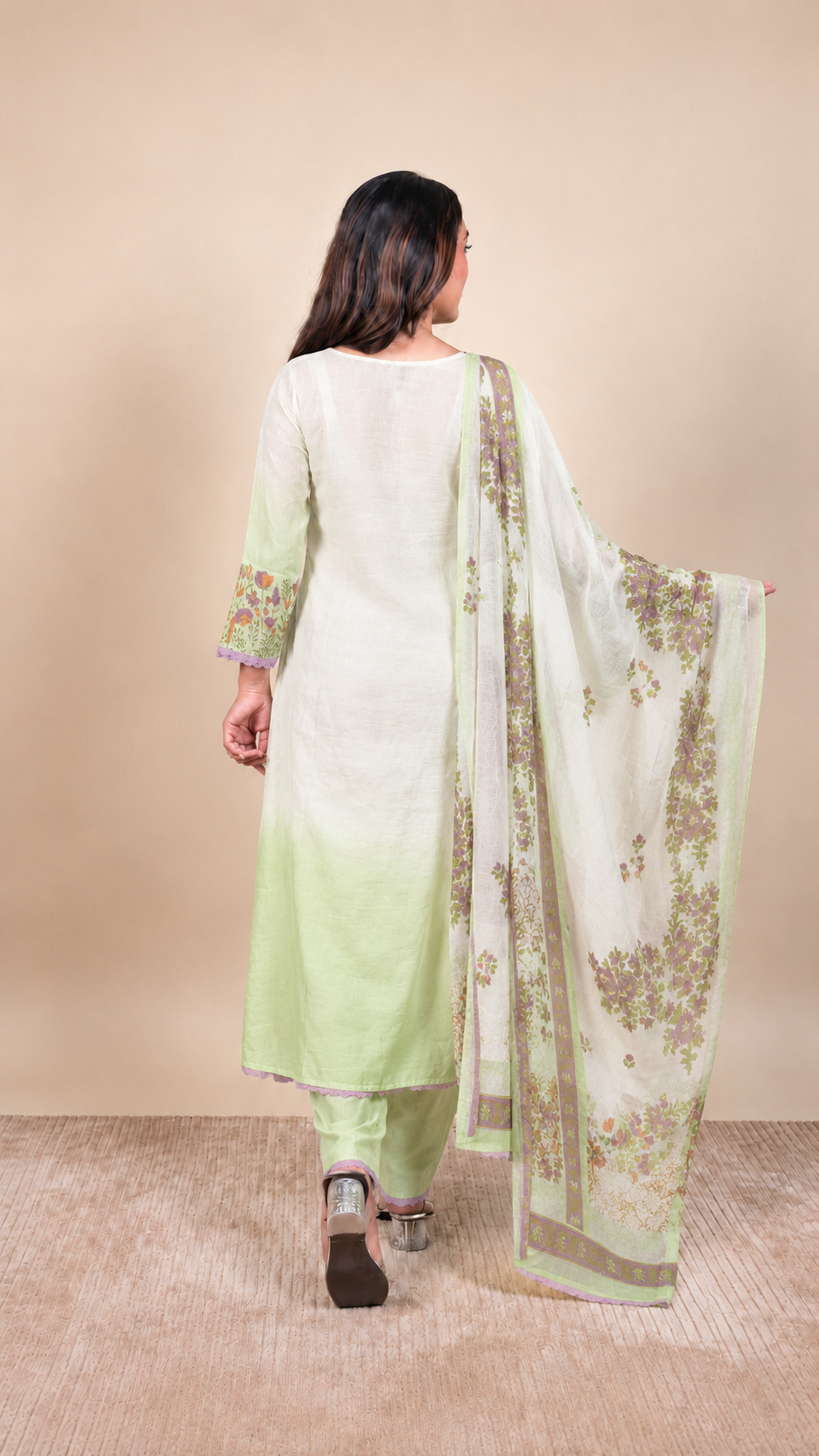 Ivory Bloom – Pastel Floral Embroidered Anarkali Suit Set with Dupatta