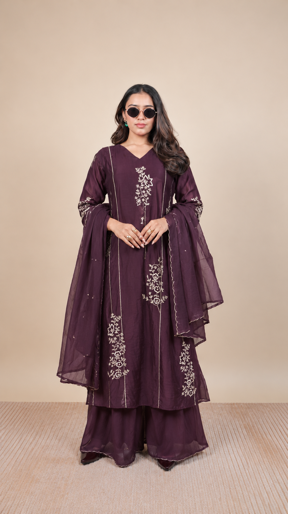 Royal Plum Floral Embroidered Suit Set