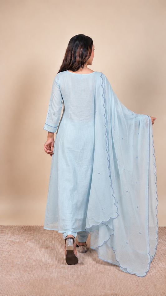 Powder Blue Floral Elegance Embroidered Kurta Set