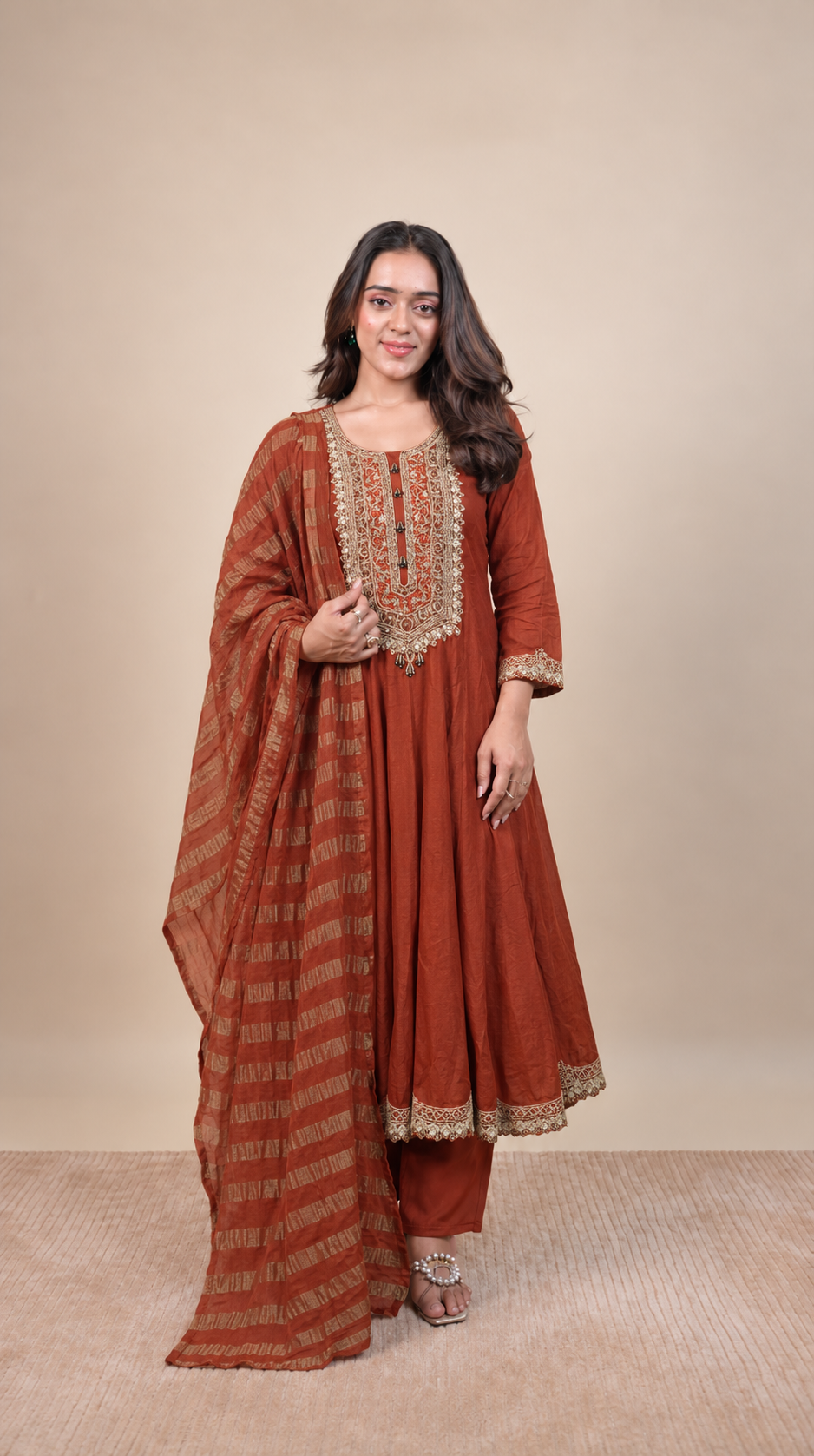 Rust Orange Embroidered Anarkali Suit Set with Dupatta