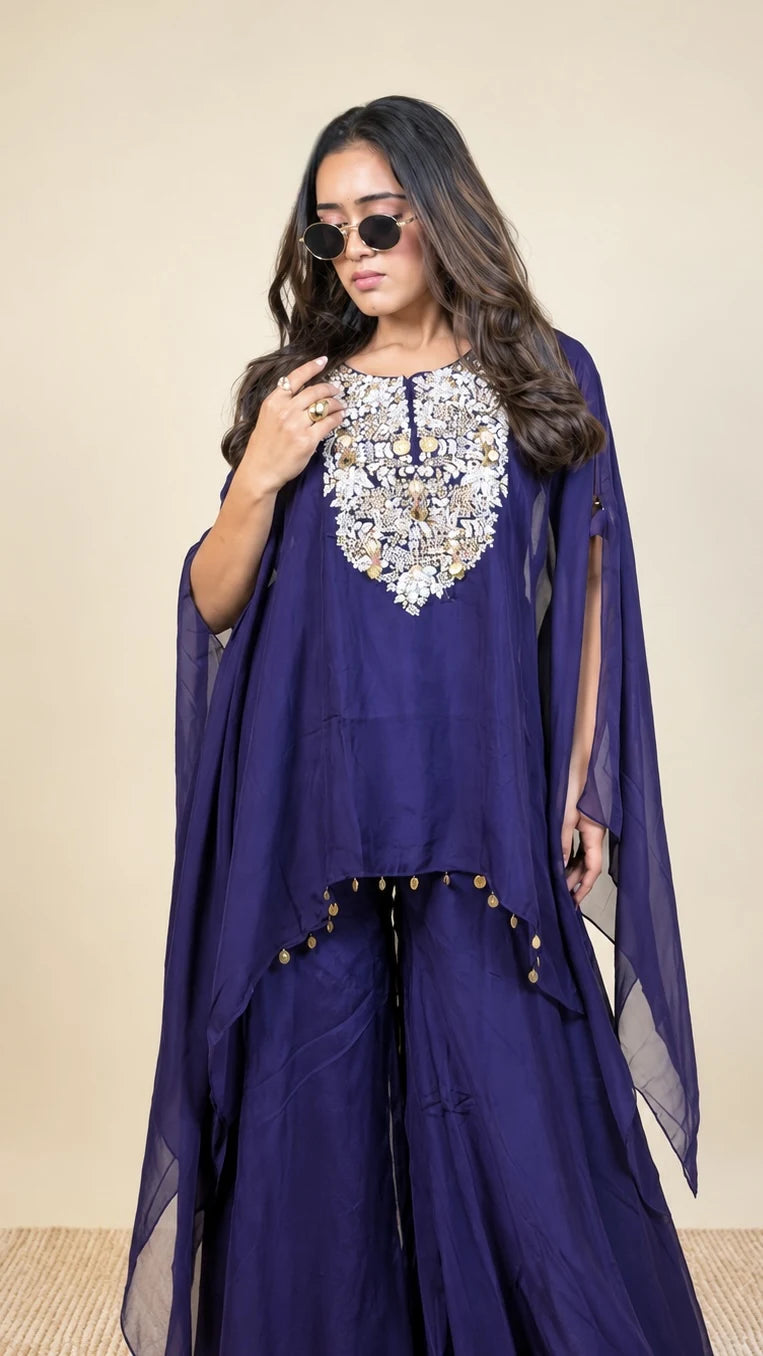 Rajvanshi – Navy Blue Embroidered Palazzo Suit by Gold Lady - Side View