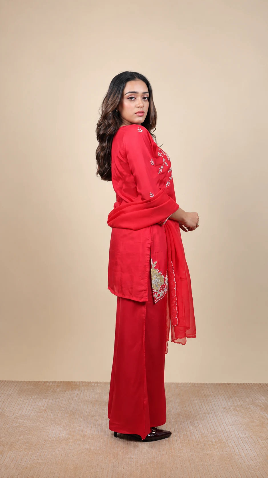 Rangrez – Red Embroidered Kurta Set by Gold Lady - Side View