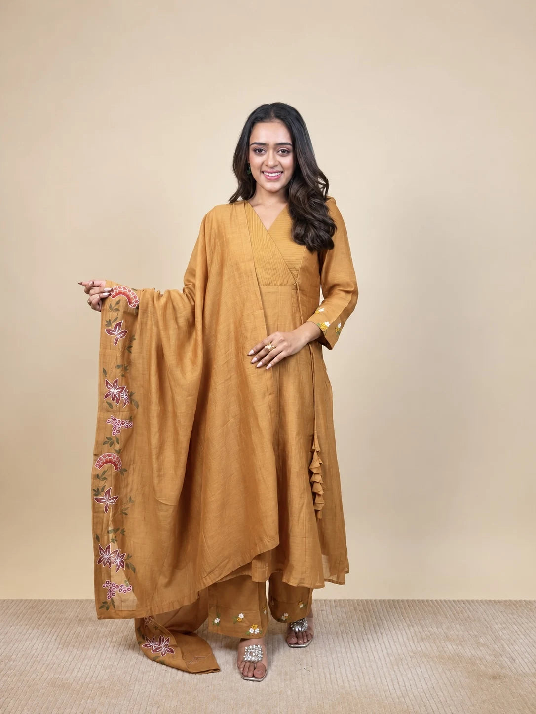 Vasudha – Mustard Floral Embroidered Silk Suit by Gold Lady - Side View