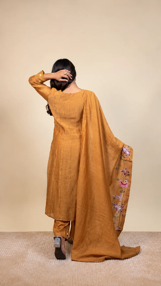 Vasudha – Mustard Floral Embroidered Silk Suit by Gold Lady - Back View