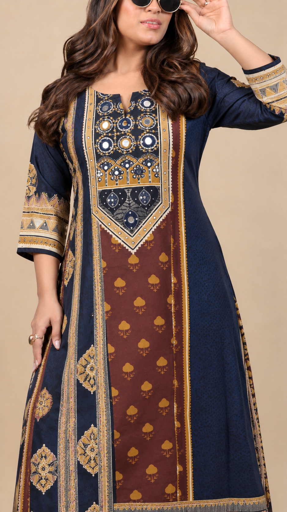Midnight Maharani – Navy Blue & Rust Printed Kurta Set with Dupatta