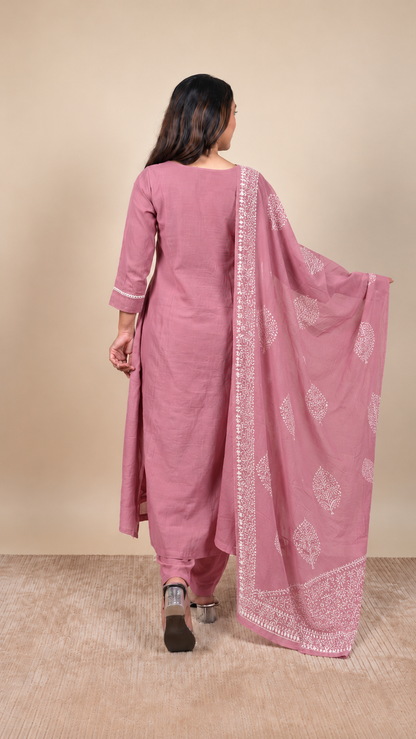 Dusty Rose Bloom – Floral Embroidered Anarkali Suit Set