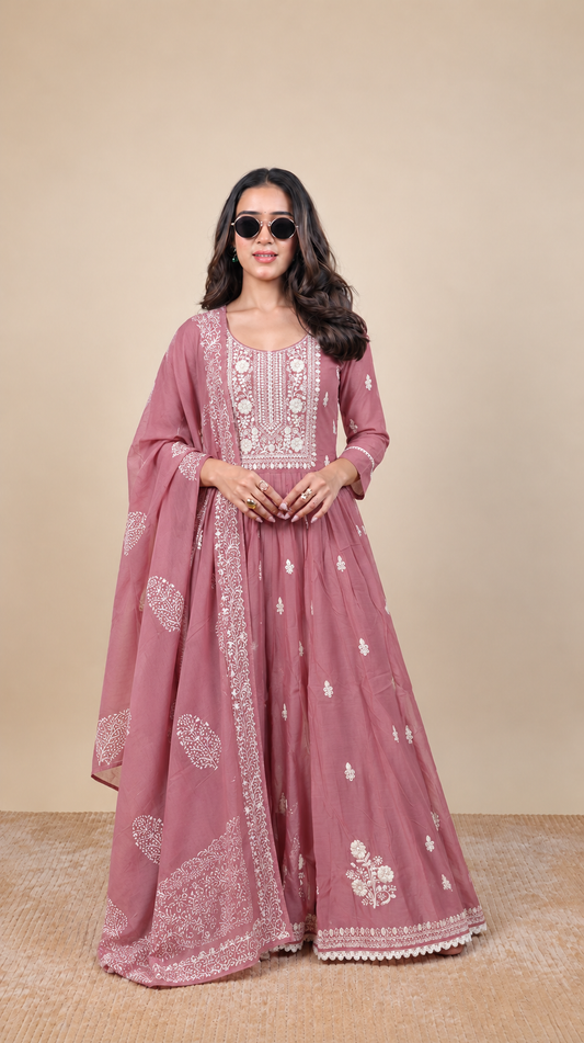 Dusty Rose Bloom – Floral Embroidered Anarkali Suit Set