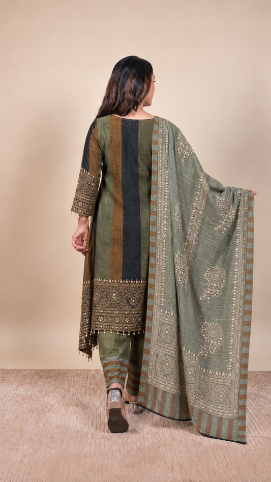 Rajvanshi Olive & Mocha Embroidered Sharara Set