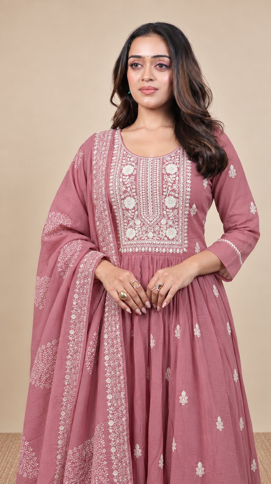 Dusty Rose Bloom – Floral Embroidered Anarkali Suit Set