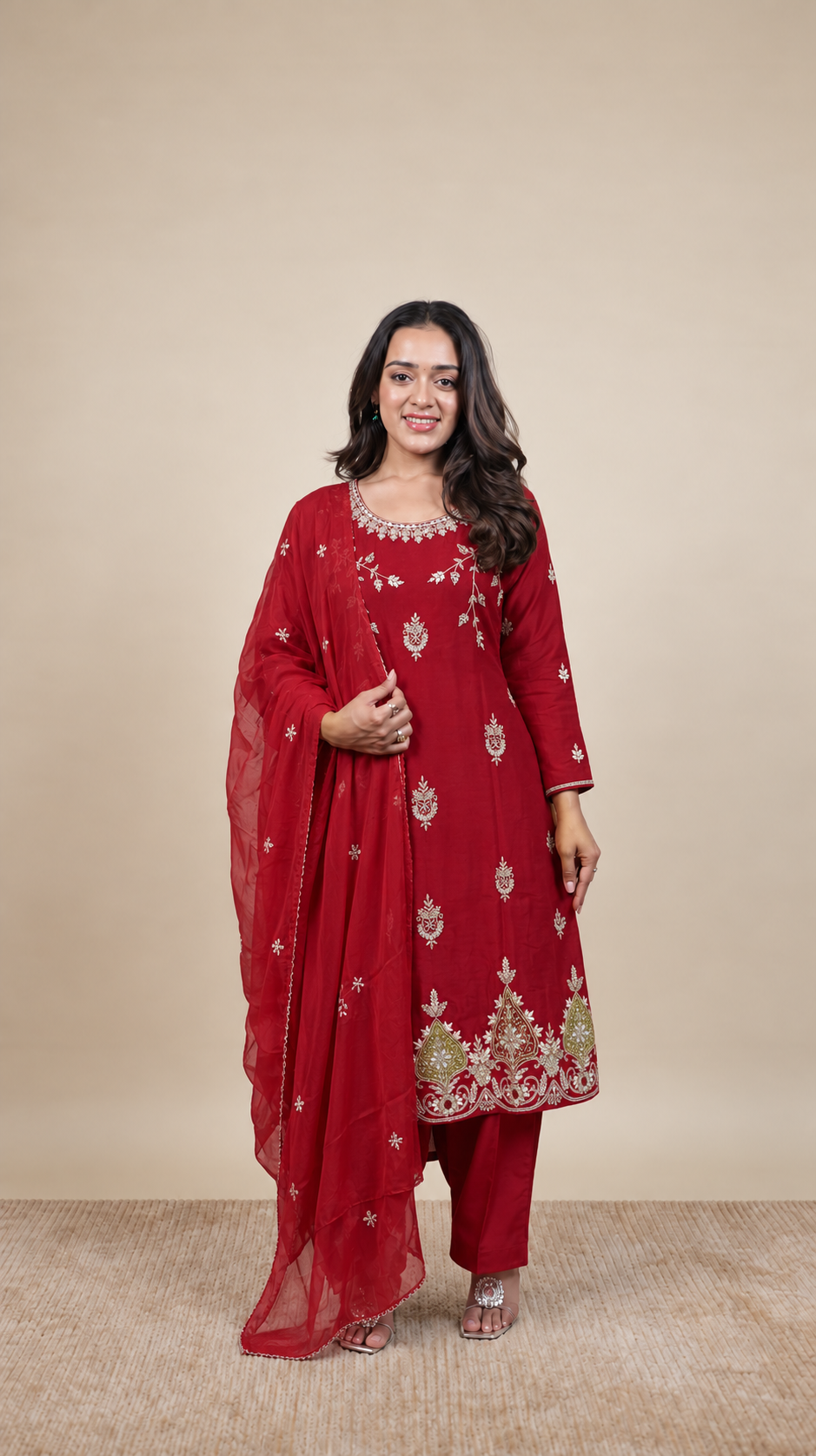 Royal Maroon Zari Embroidered Kurta Set with Dupatta