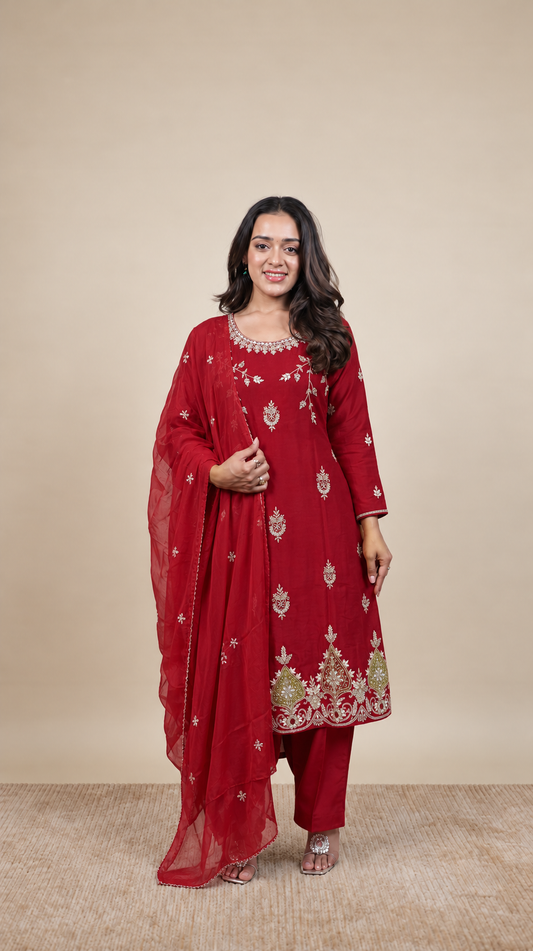 Royal Maroon Zari Embroidered Kurta Set with Dupatta