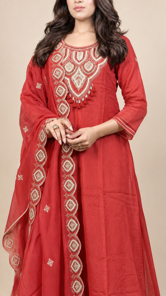 Crimson Red Embroidered Anarkali Suit