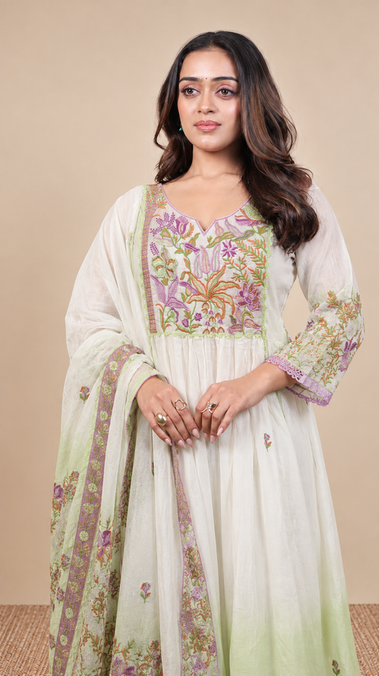 Ivory Bloom – Pastel Floral Embroidered Anarkali Suit Set with Dupatta