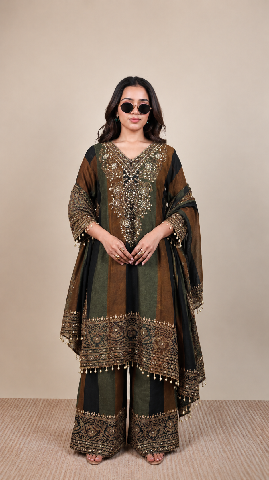 Rajvanshi Olive & Mocha Embroidered Sharara Set