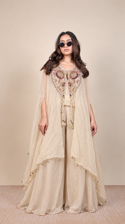 Noor – Ivory Embroidered Cape Palazzo Set