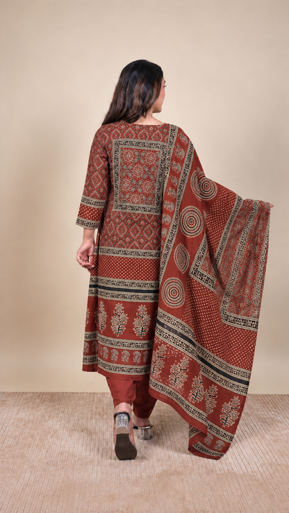 Rust Royale – Traditional Block Print Kurta Set with Dupatta