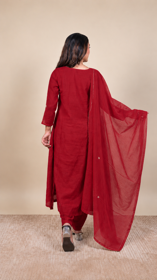 Royal Maroon Zari Embroidered Kurta Set with Dupatta