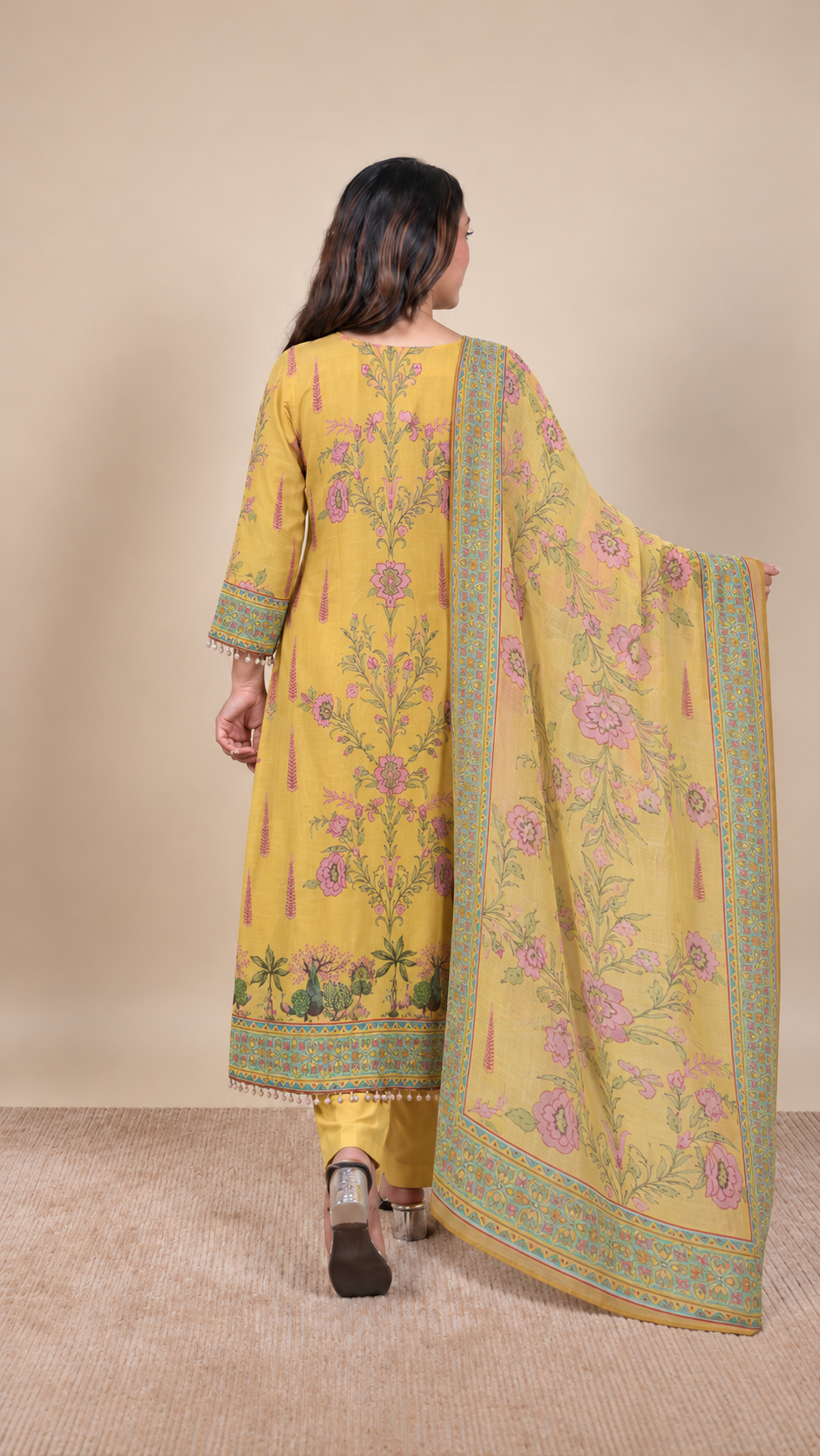 Mustard Bloom Floral Printed Kurta Set with Dupatta