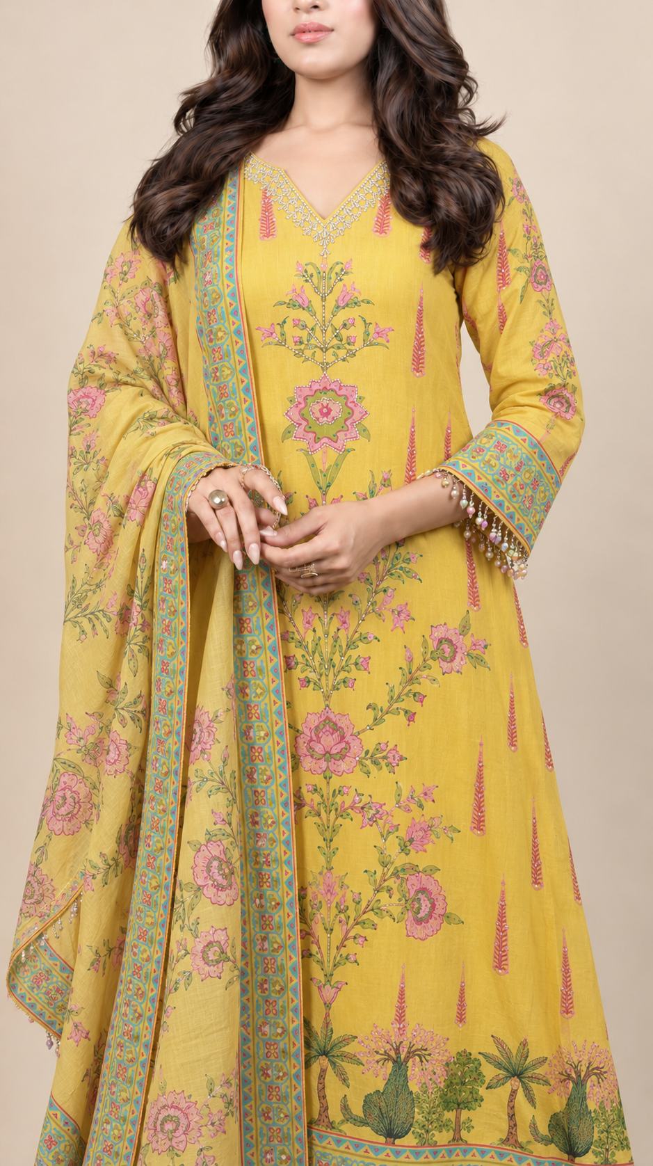 Mustard Bloom Floral Printed Kurta Set with Dupatta