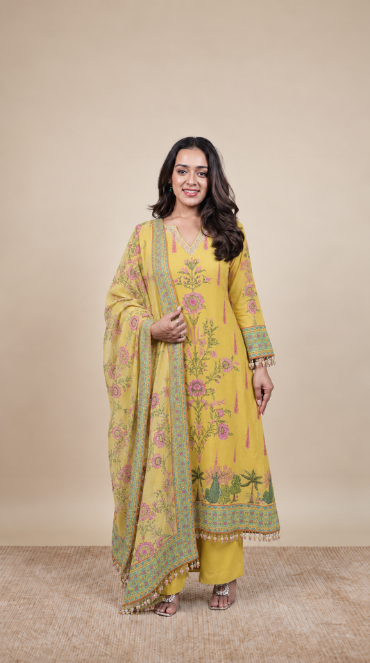 Mustard Bloom Floral Printed Kurta Set with Dupatta