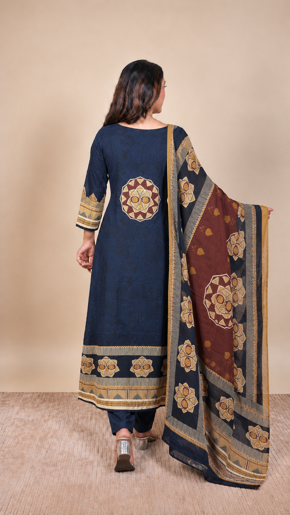 Midnight Maharani – Navy Blue & Rust Printed Kurta Set with Dupatta