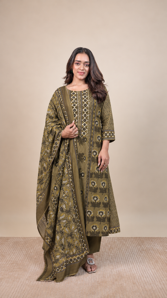 Aaranya Olive Bloom Printed Suit Set