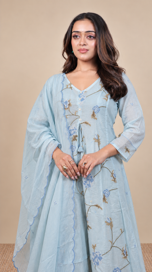 Powder Blue Floral Elegance Embroidered Kurta Set