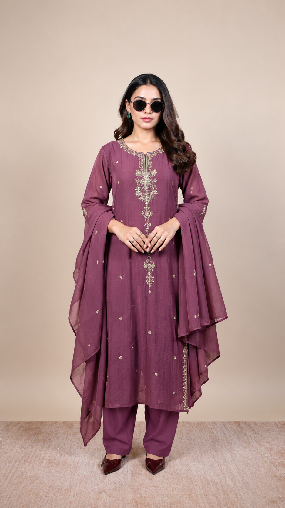 Rajvanshi Plum Embroidered Suit Set