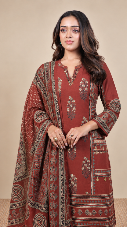 Rust Royale – Traditional Block Print Kurta Set with Dupatta