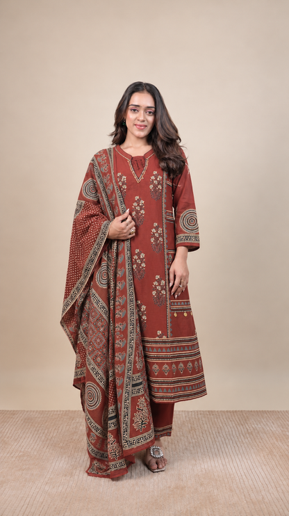Rust Royale – Traditional Block Print Kurta Set with Dupatta