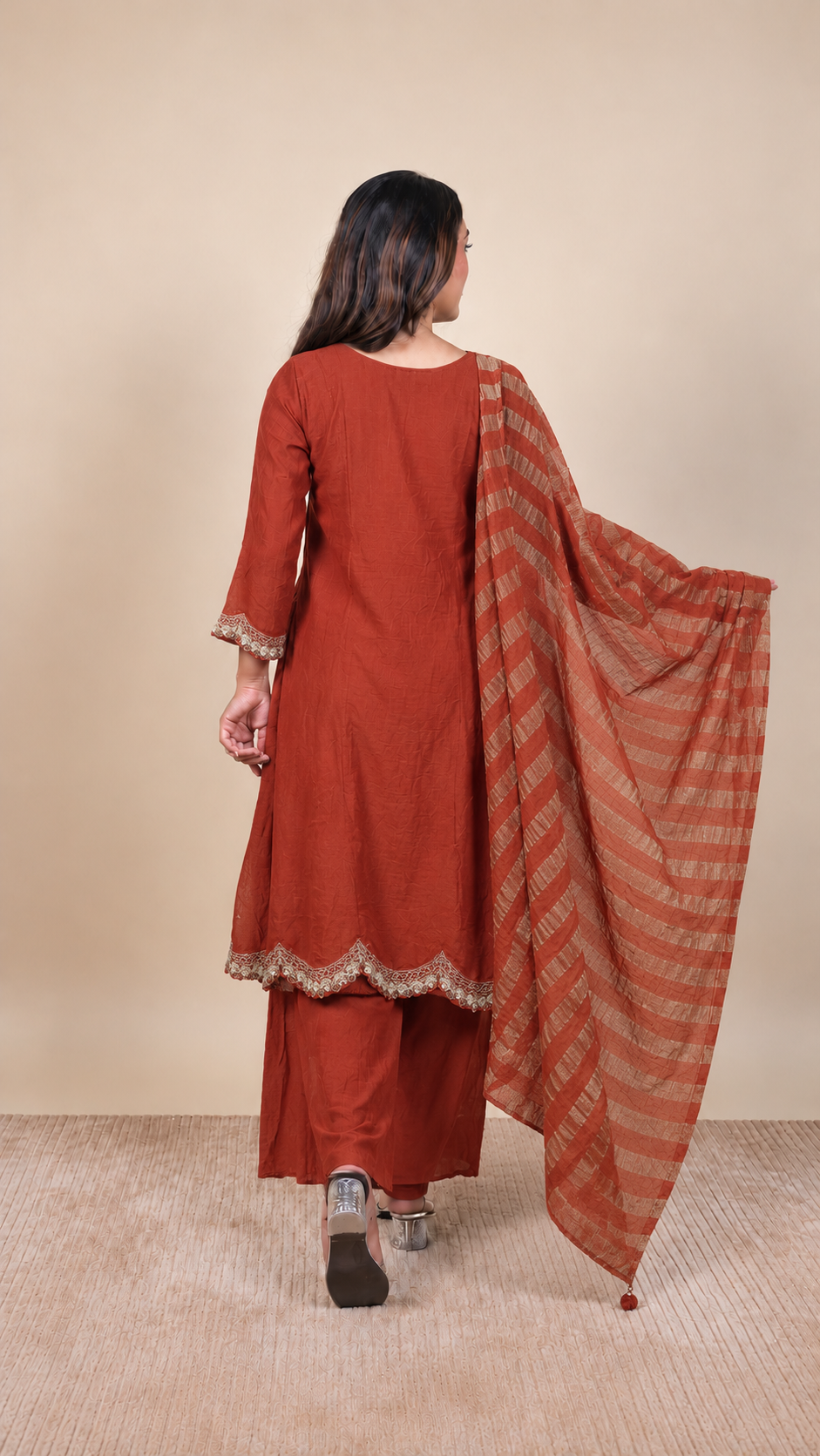 Rust Orange Embroidered Anarkali Suit Set with Dupatta