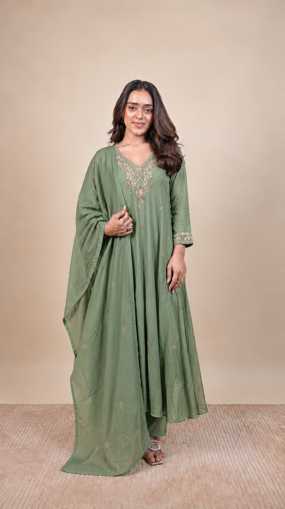 Sage Green Elegance Embroidered Anarkali Suit Set with Dupatta