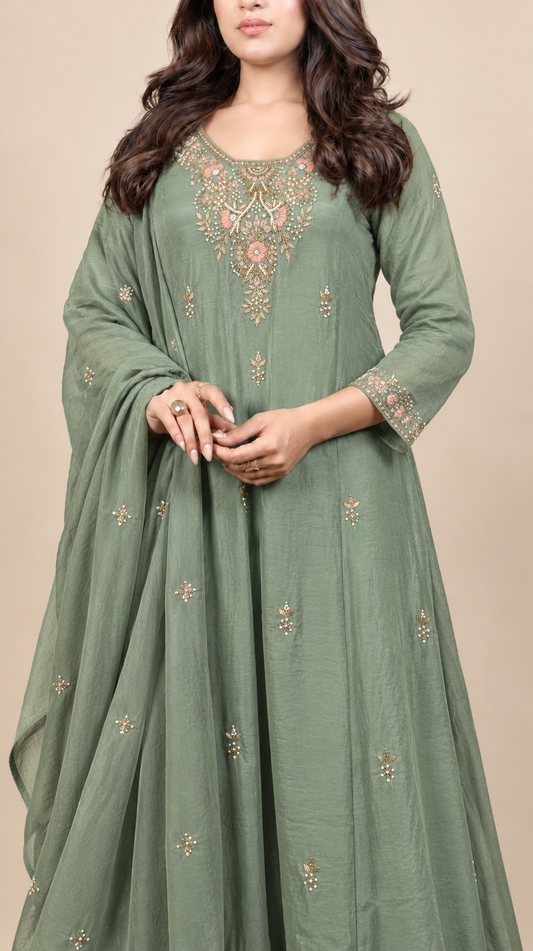 Sage Green Elegance Embroidered Anarkali Suit Set with Dupatta