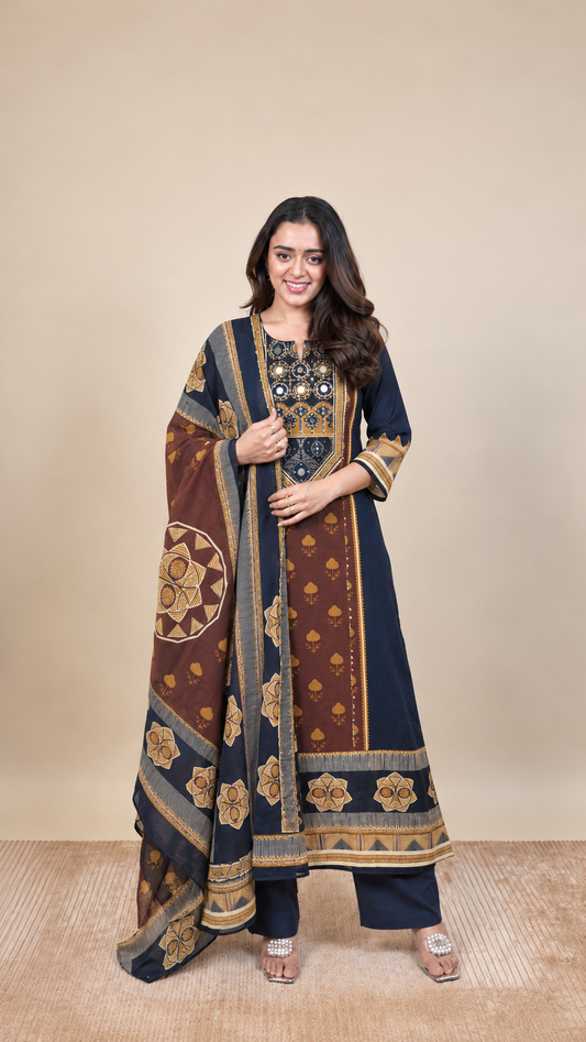 Midnight Maharani – Navy Blue & Rust Printed Kurta Set with Dupatta