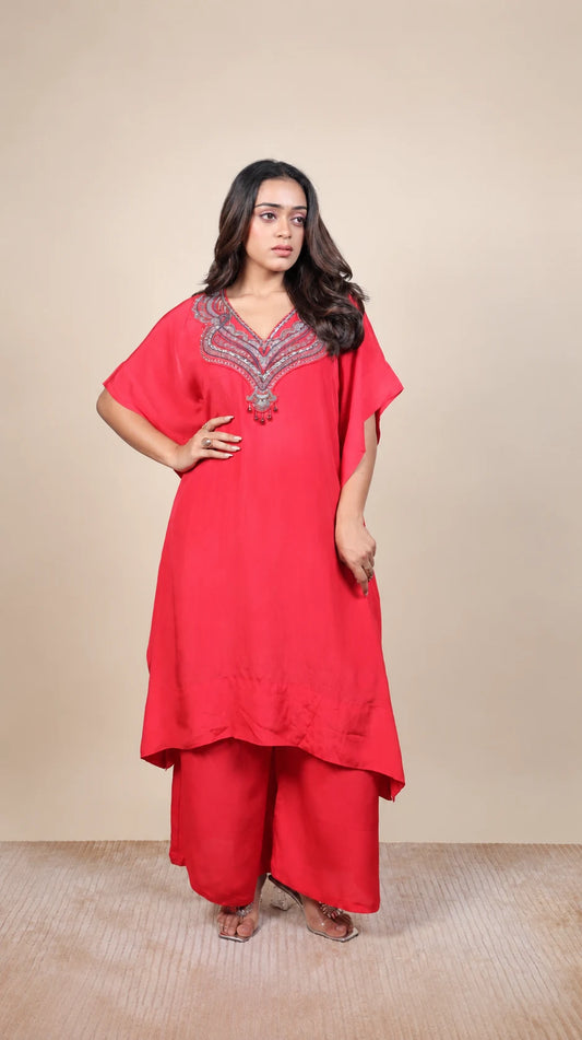 Gulabi Rang – Embroidered Kaftan Set by Gold Lady - Front View
