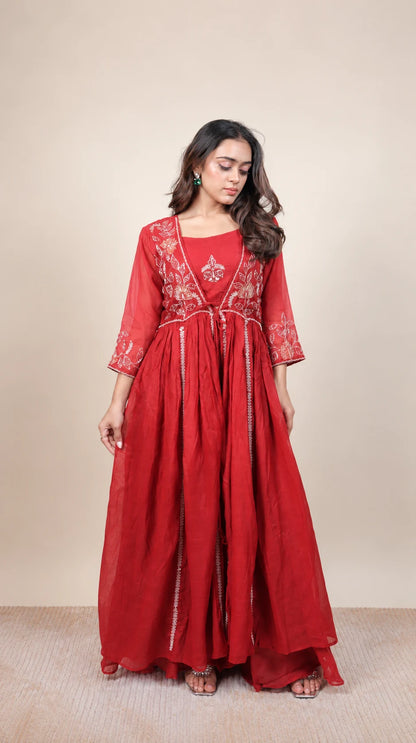 Gulnaar – Red Embroidered Anarkali Set by Gold Lady - Detail View