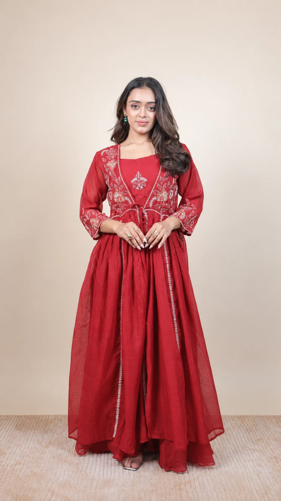 Gulnaar – Red Embroidered Anarkali Set by Gold Lady - Back View