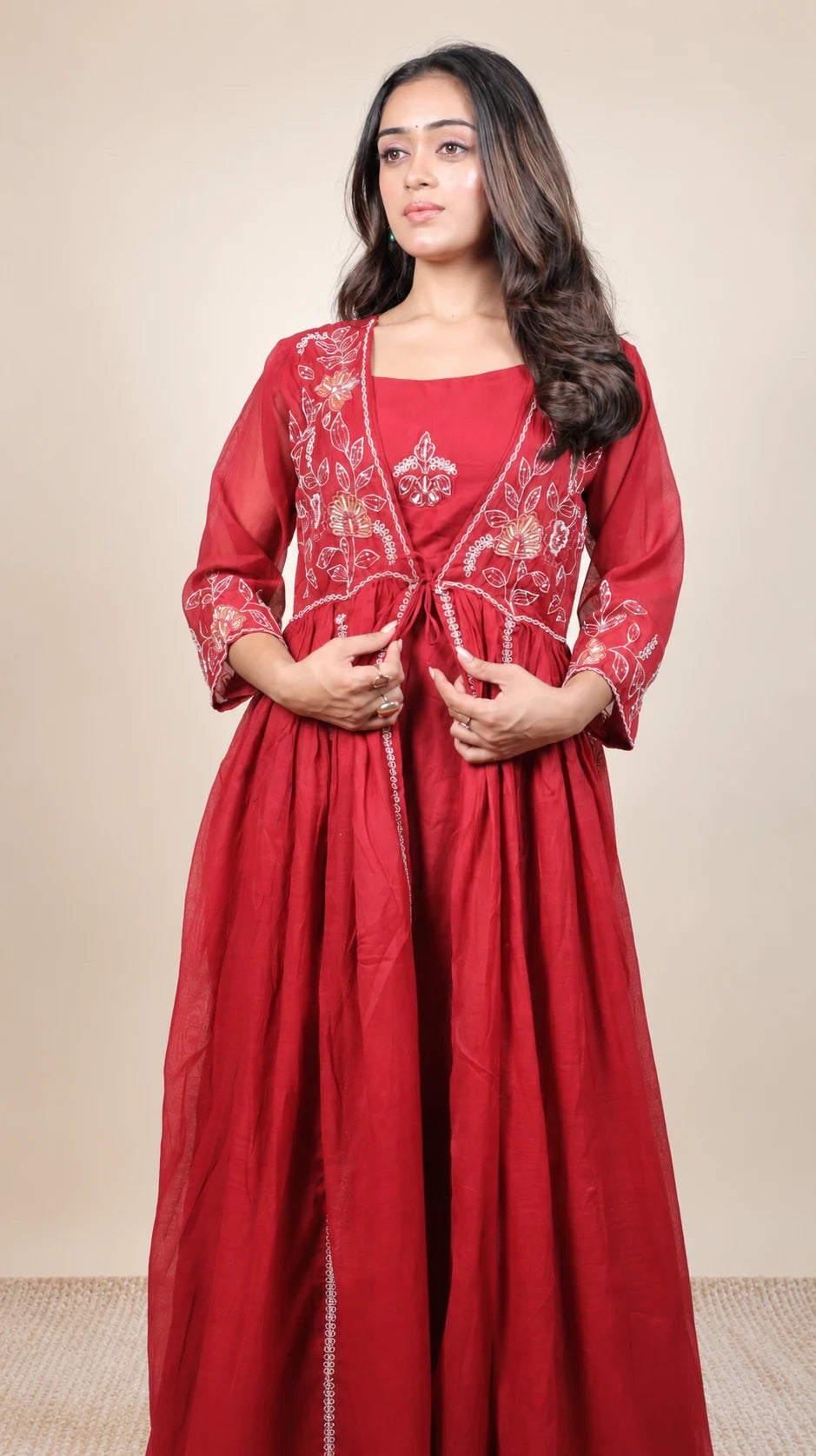 Gulnaar – Red Embroidered Anarkali Set by Gold Lady - Side View