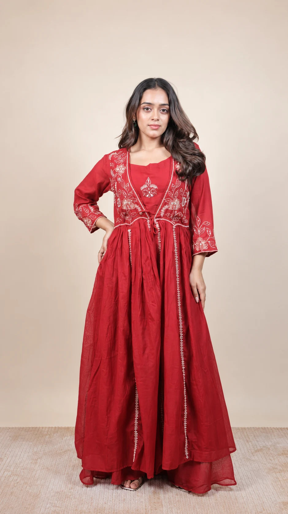 Gulnaar – Red Embroidered Anarkali Set by Gold Lady - Front View