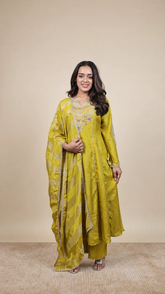 Haldi – Mustard Embroidered Anarkali Set by Gold Lady - Front View