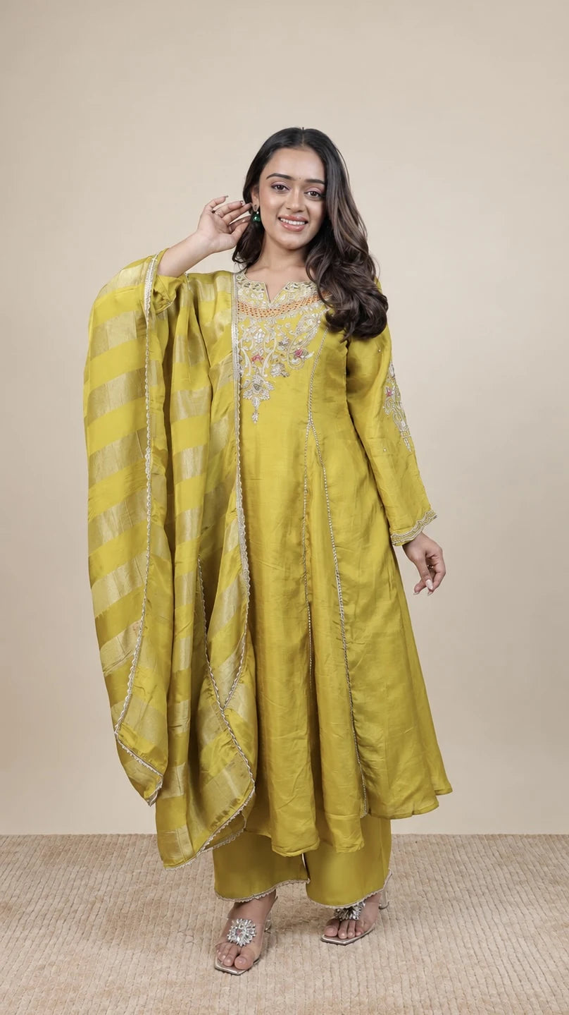 Haldi – Mustard Embroidered Anarkali Set by Gold Lady - Side View
