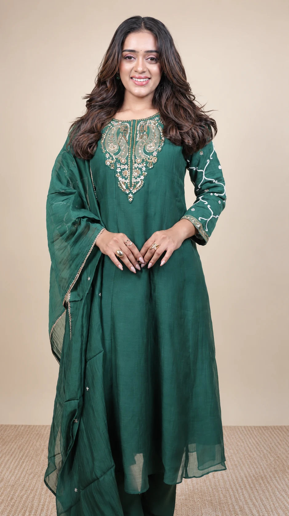 Hariyali Noor – Emerald Embroidered Anarkali Set by Gold Lady - Front View