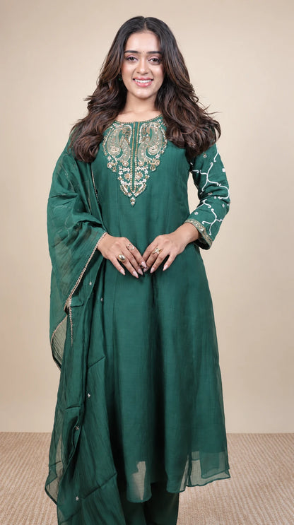 Hariyali Noor – Emerald Embroidered Anarkali Set by Gold Lady - Front View