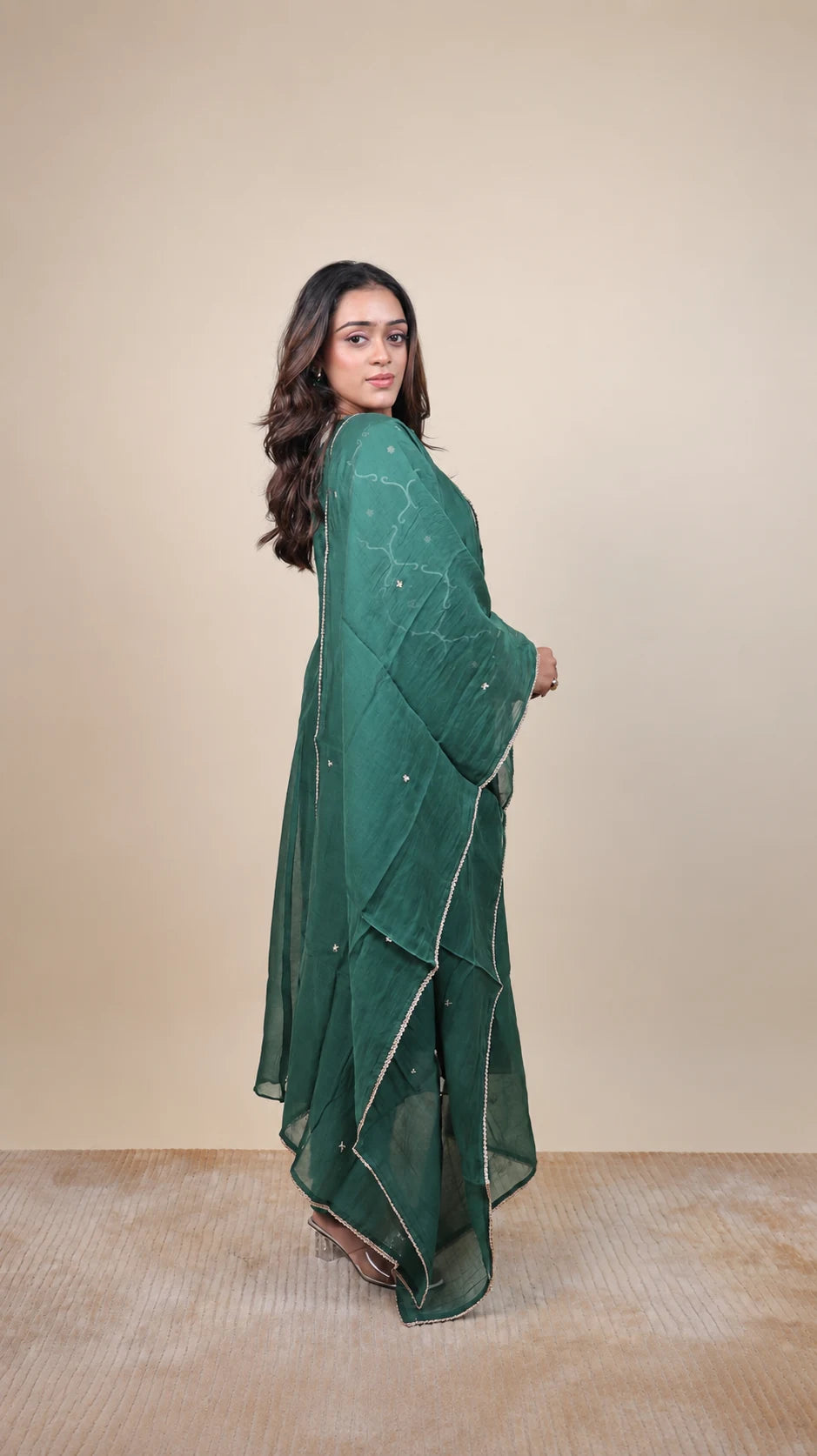 Hariyali Noor – Emerald Embroidered Anarkali Set by Gold Lady - Back View